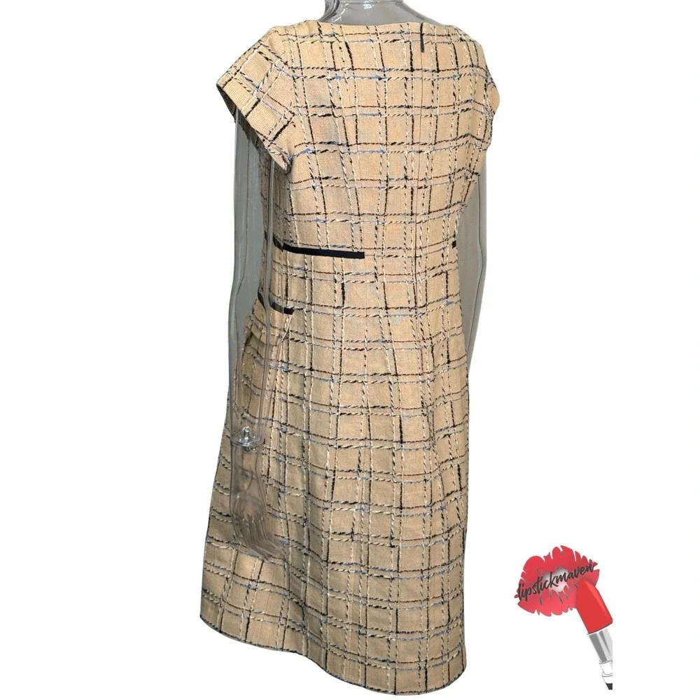 Tory Burch Evie‎ Career Dress Size 10 Woven Neutral Tan Blue Quiet Luxury